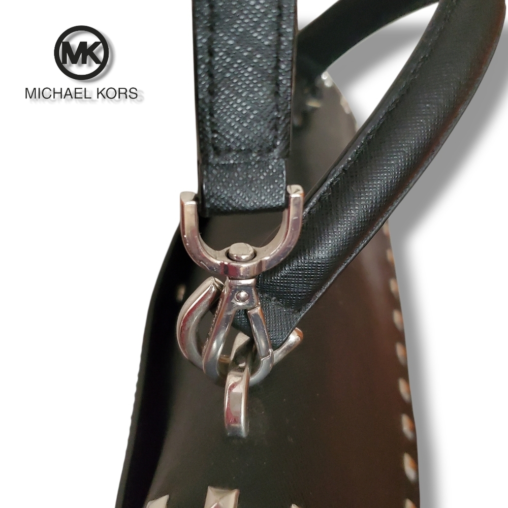 Michael KORS Black Saffiano Leather Top Handle Silver Studded Crossbody Satchel - Picture 14 of 17